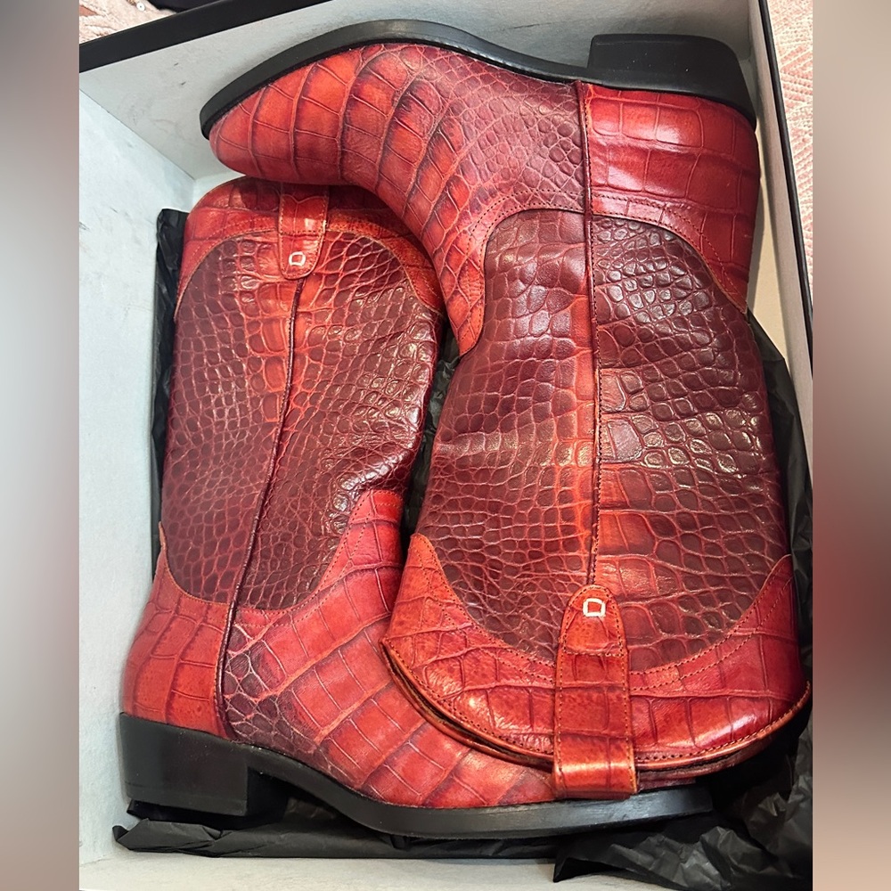 Croc-Embossed Red Heeled Women's Boots